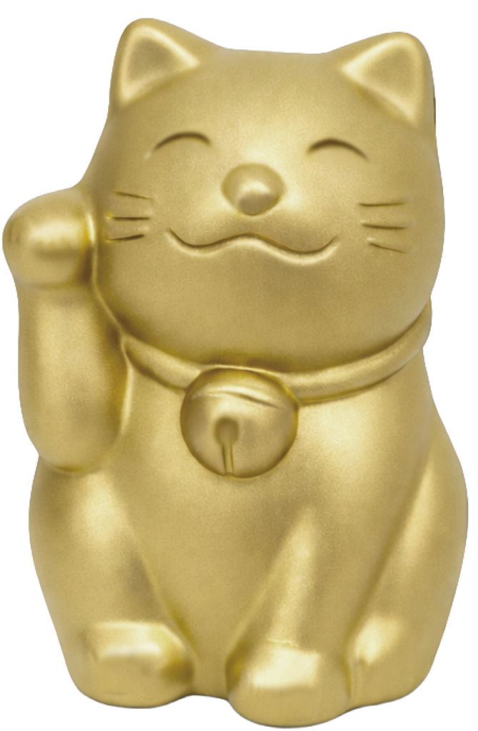 金色に塗装された、ステンレス製の招き猫ペーパーウェイト / Gold-painted stainless steel Maneki-neko (Lucky Cat) paperweight