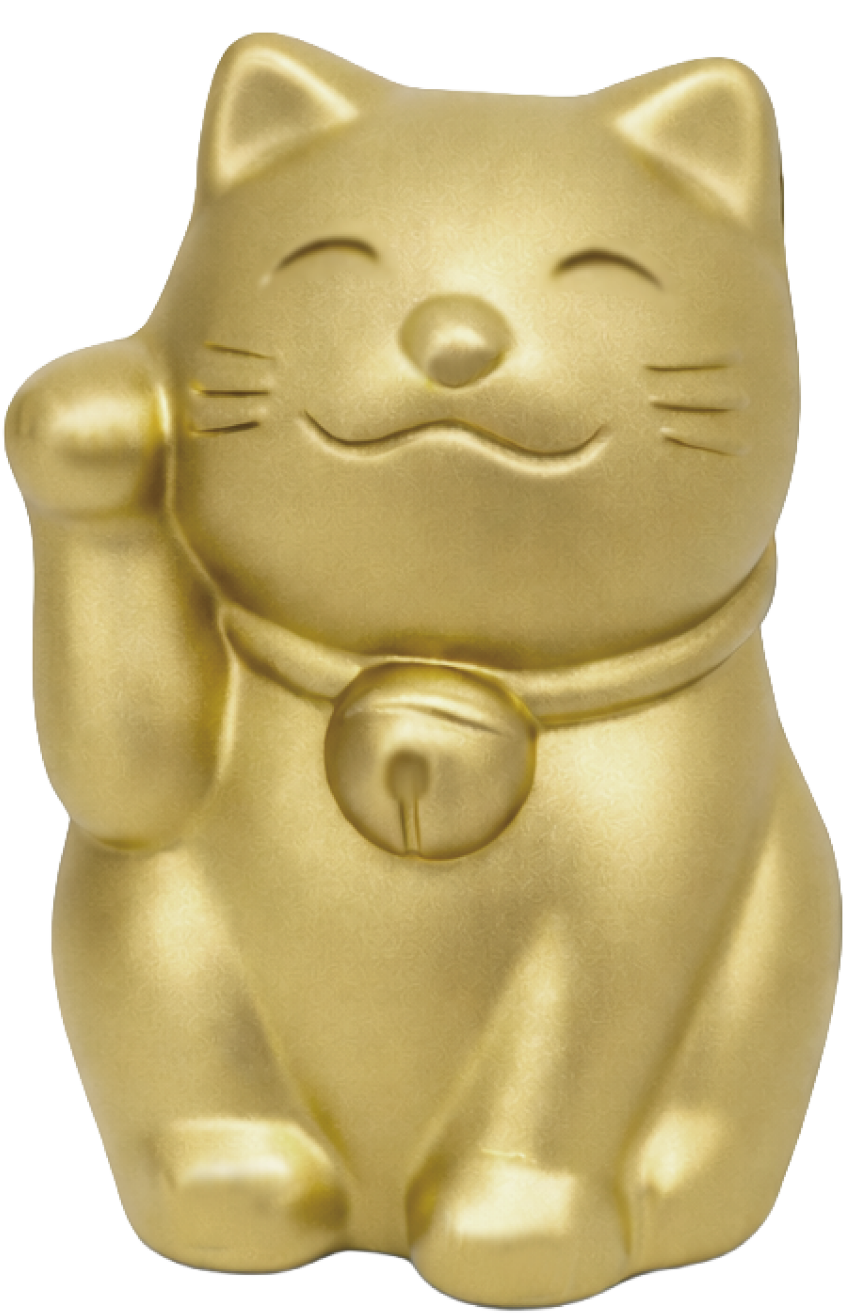 金色に塗装された、ステンレス製の招き猫ペーパーウェイト / Gold-painted stainless steel Maneki-neko (Lucky Cat) paperweight