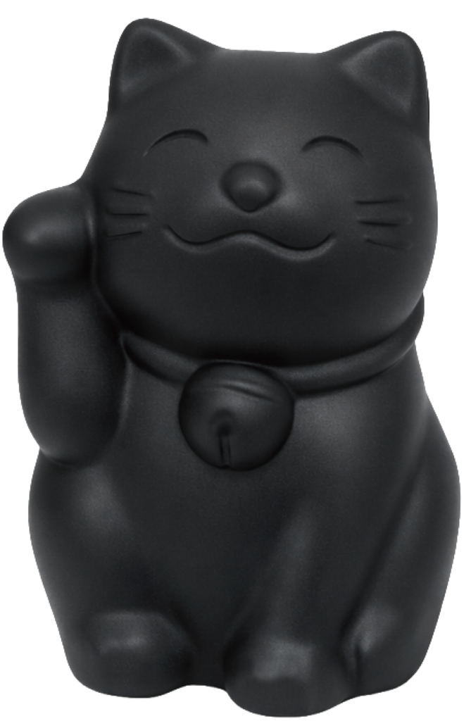 黒色に塗装された、ステンレス製の招き猫ペーパーウェイト / Black-painted stainless steel Maneki-neko (Lucky Cat) paperweight